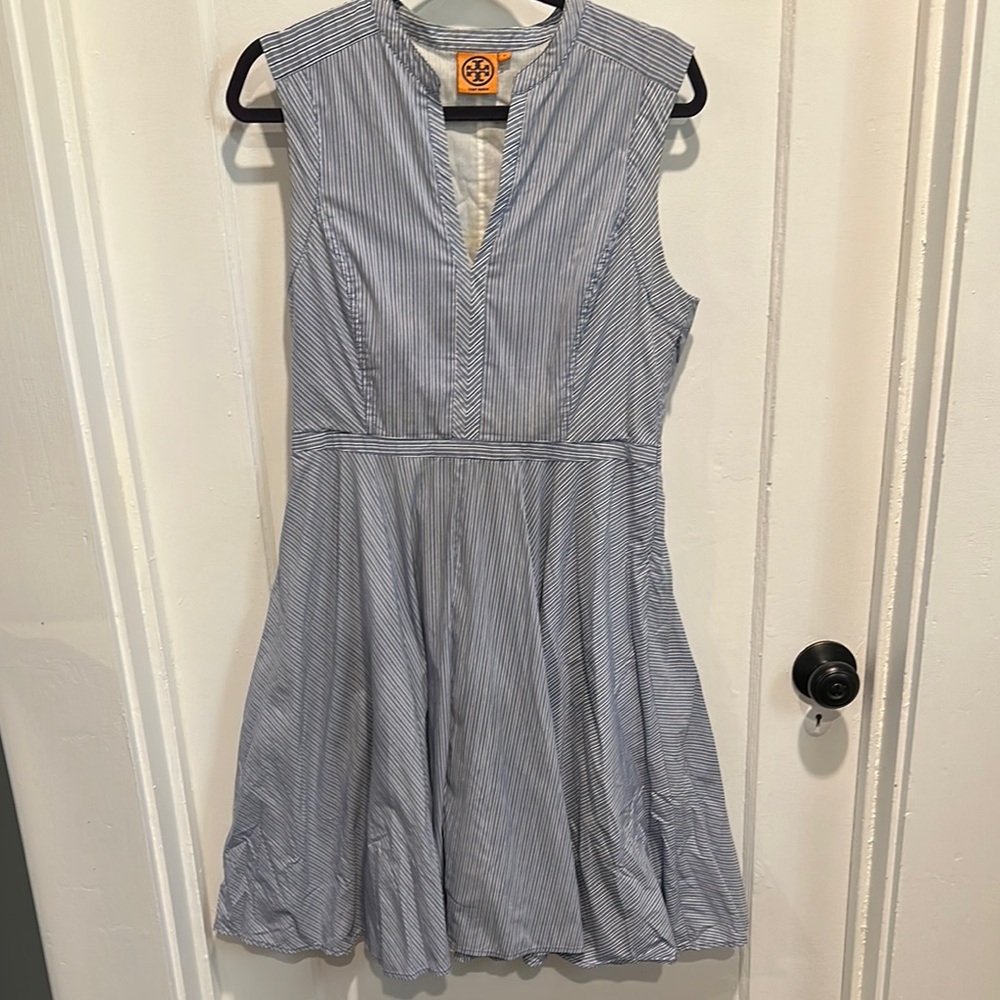 Tory Burch Blue and White Pleated Mini Sundress